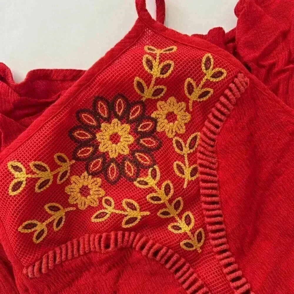 Altar'd Sate High Neck Red Top with Yellow & Brown Stitched Panel